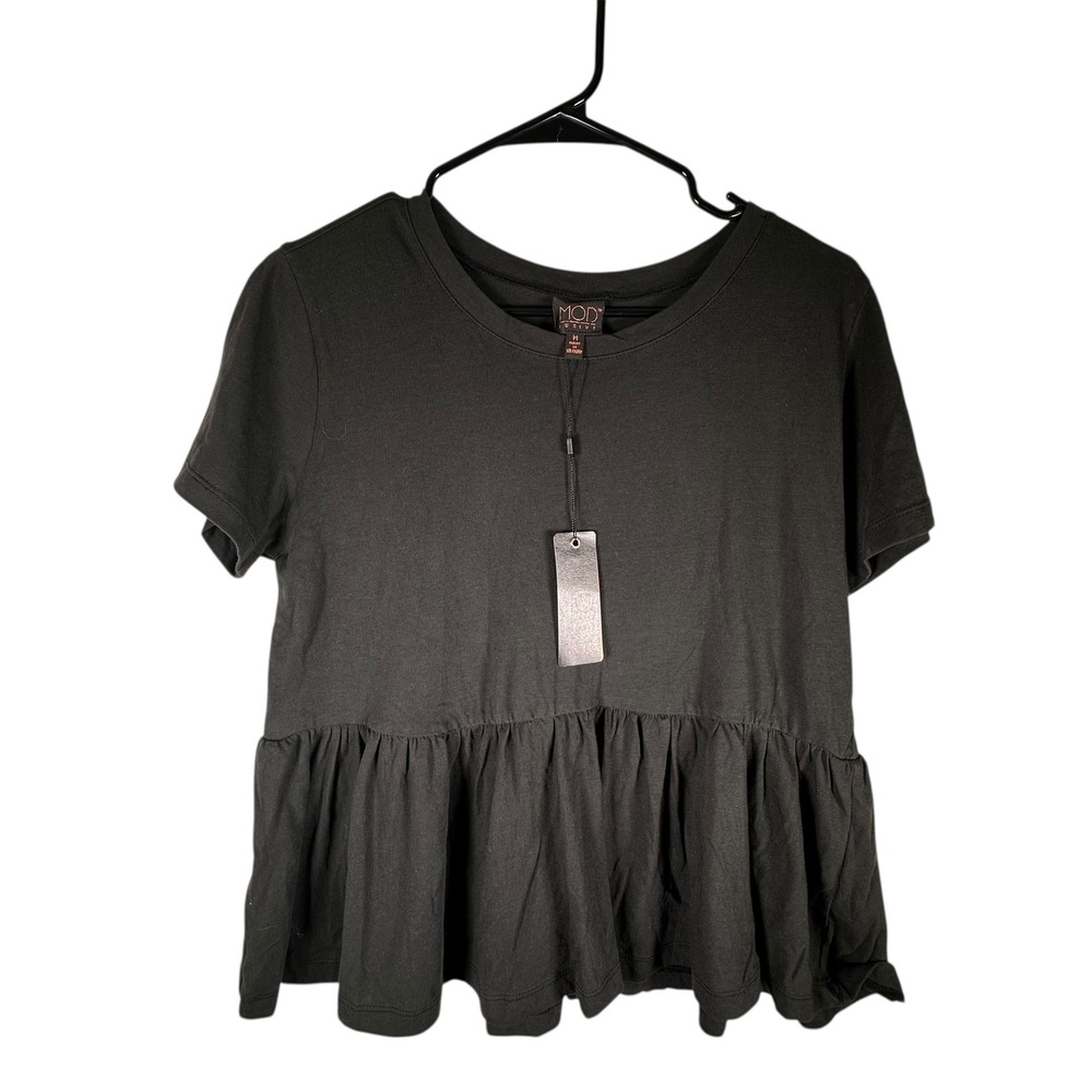 Mod Lusive Womens Black Cotton Peplum Ruffle Hem Baby Doll Tee Shirt M NWT